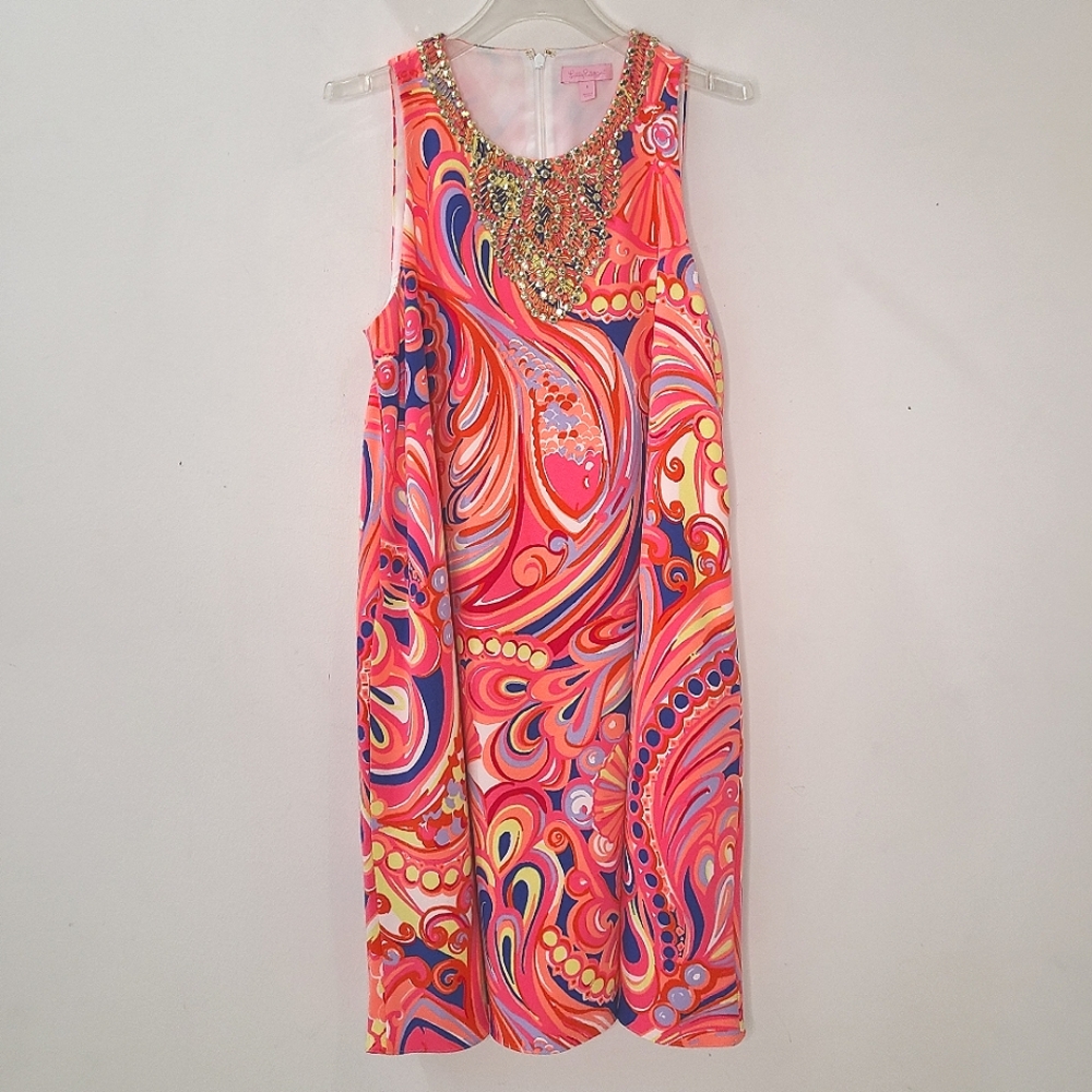 Lilly Pulitzer Mimi Embellished Trapese Dress in Multi Reef Retreat Print Sz S - Picture 4 of 14